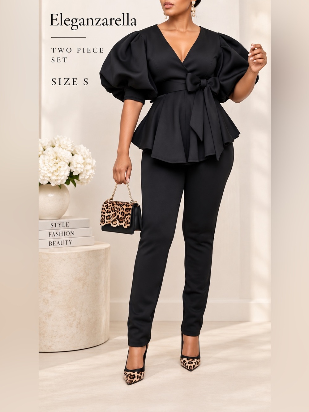 Eleganzarella Black Puff Sleeve Peplum Top & Pants Set Size S